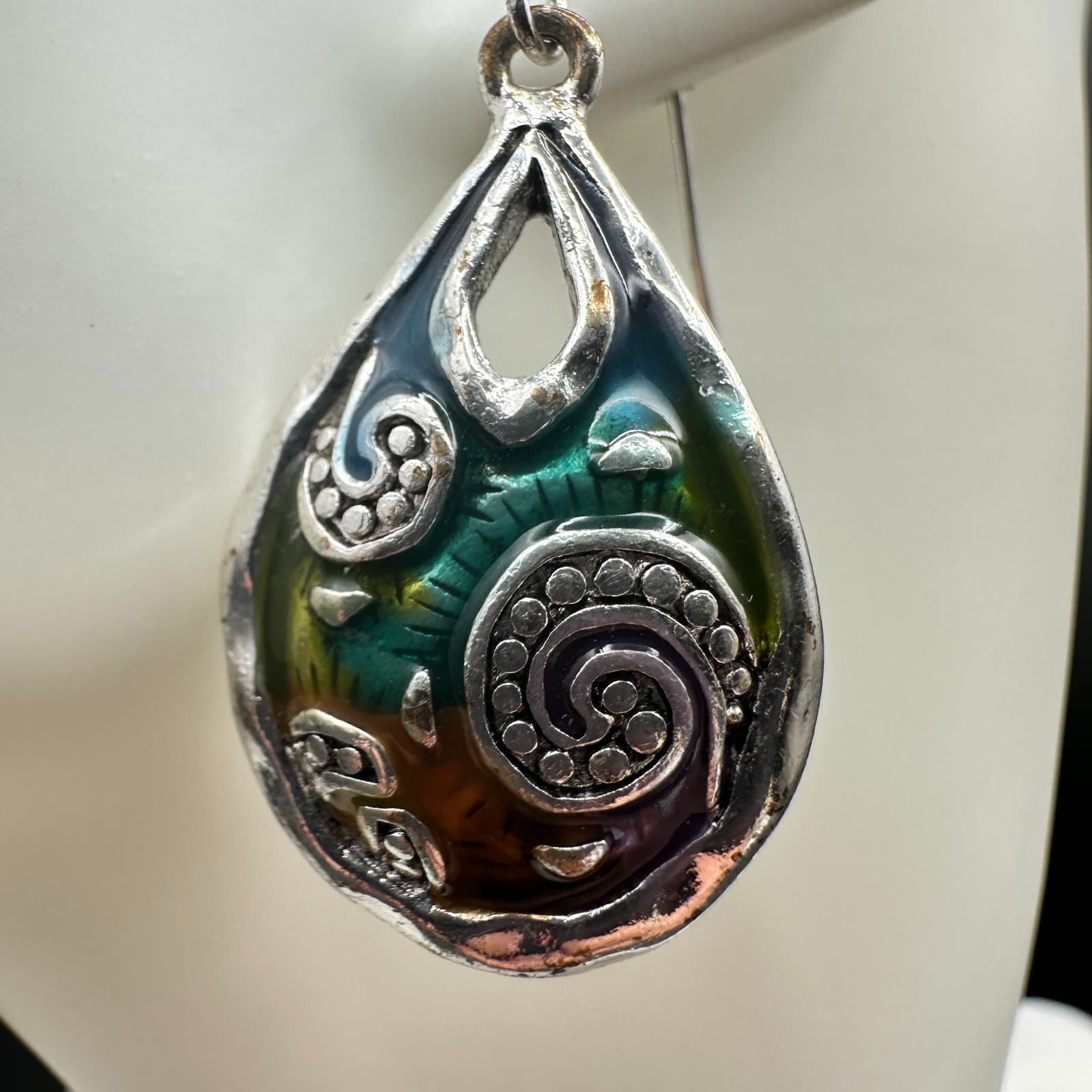 Vintage Boho Multicolor Teardrop Dangle Earrings Silver Tone Swirl Art Pattern - Thumbnail 5