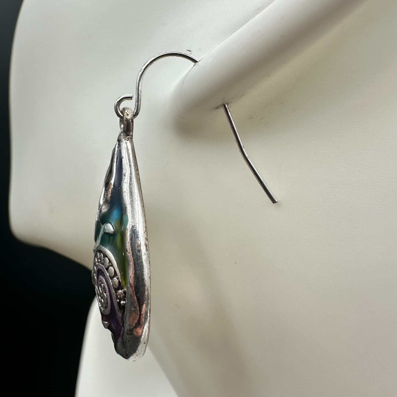 Vintage Boho Multicolor Teardrop Dangle Earrings Silver Tone Swirl Art Pattern - Thumbnail 7