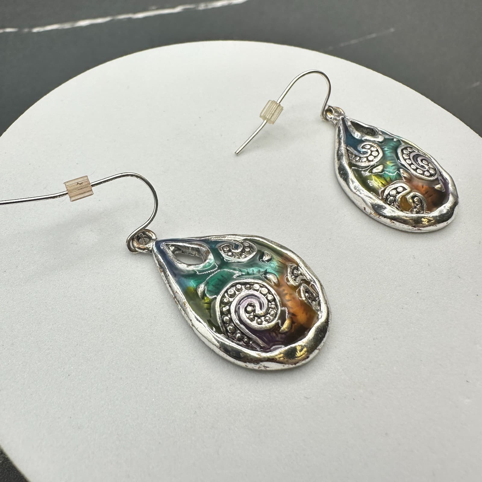 Vintage Boho Multicolor Teardrop Dangle Earrings Silver Tone Swirl Art Pattern - Thumbnail 12