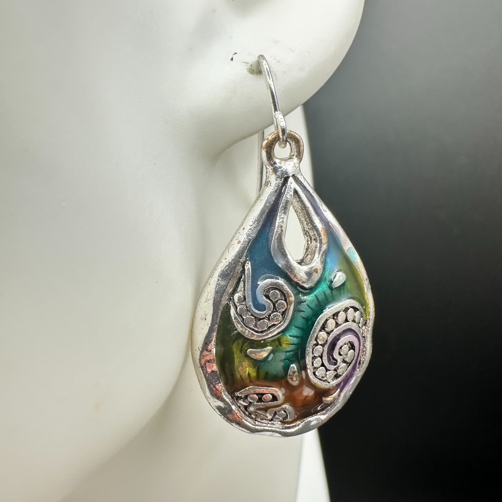 Vintage Boho Multicolor Teardrop Dangle Earrings Silver Tone Swirl Art Pattern - Thumbnail 8