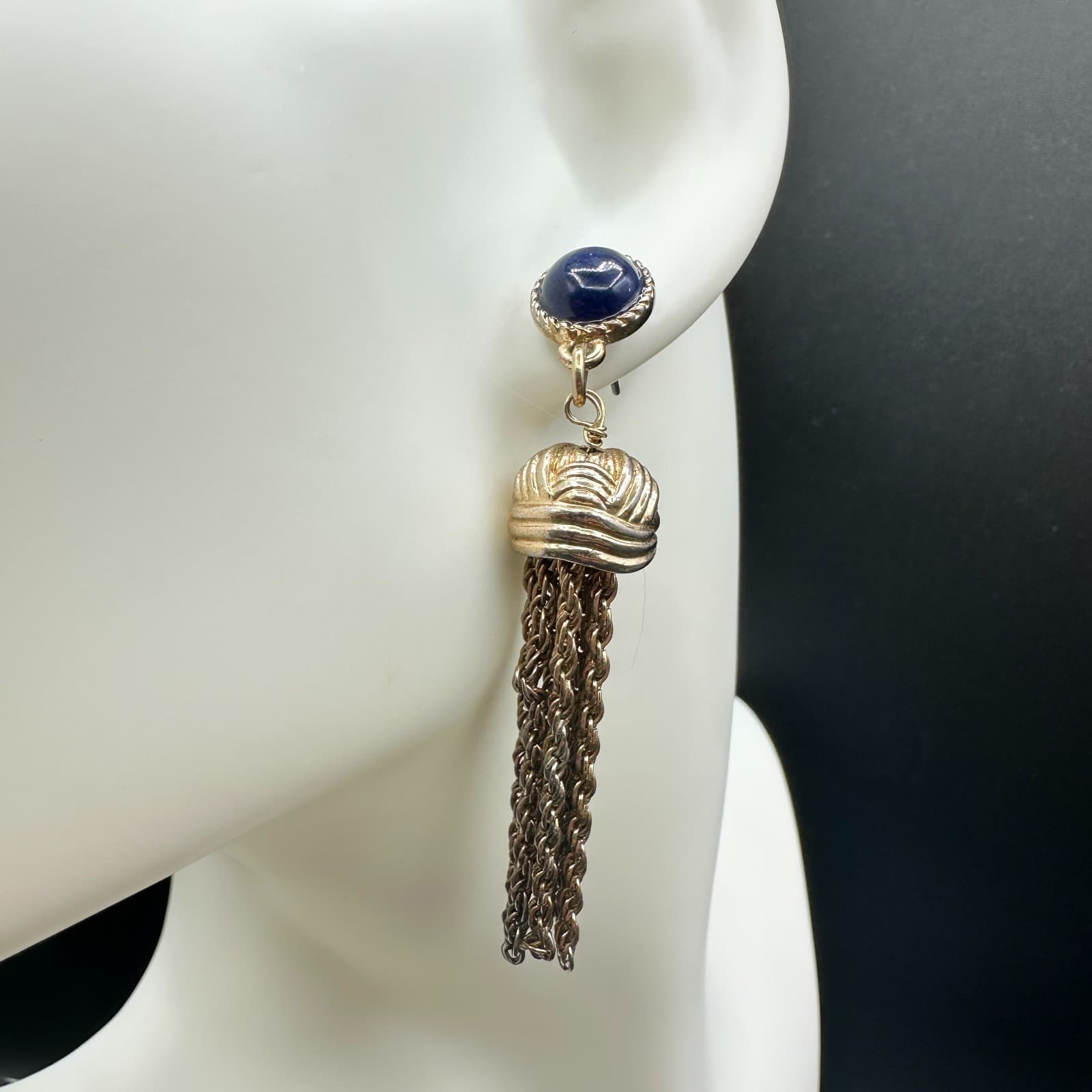 VTG Gold Tone Blue Cabochon Tassel Chain Statement Drop Earrings Retro