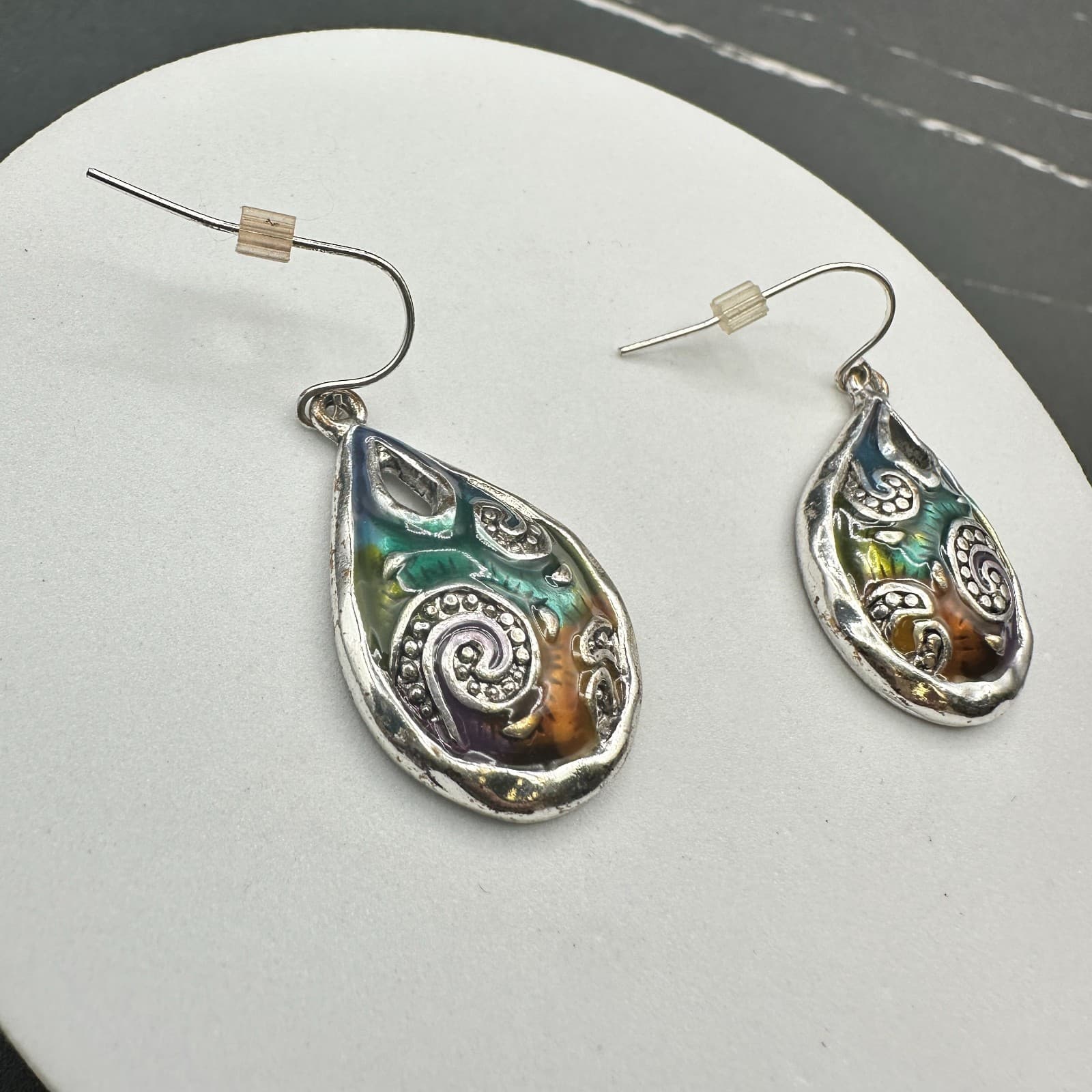 Vintage Boho Multicolor Teardrop Dangle Earrings Silver Tone Swirl Art Pattern - Thumbnail 11