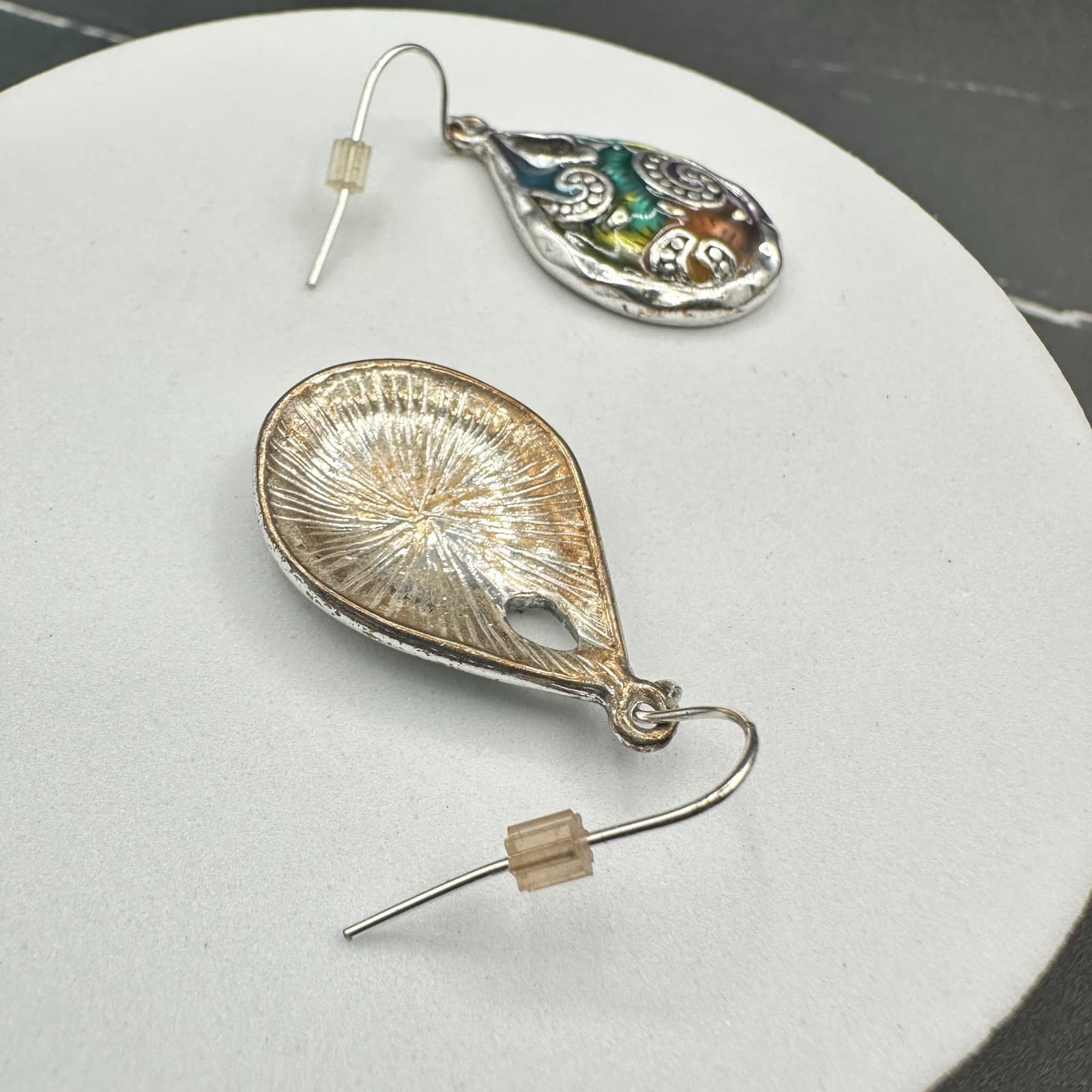 Vintage Boho Multicolor Teardrop Dangle Earrings Silver Tone Swirl Art Pattern - Thumbnail 13