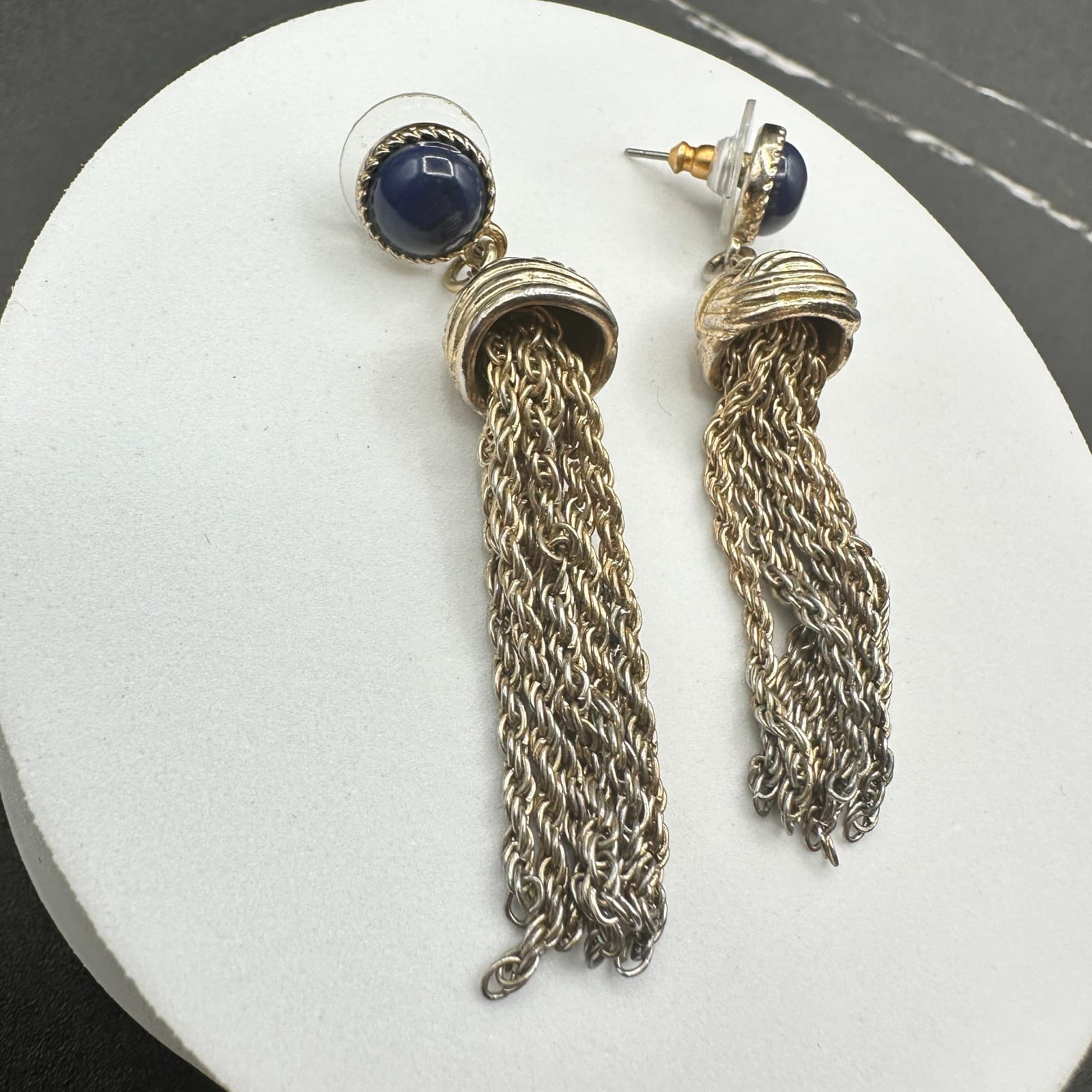 VTG Gold Tone Blue Cabochon Tassel Chain Statement Drop Earrings Retro - Thumbnail 10