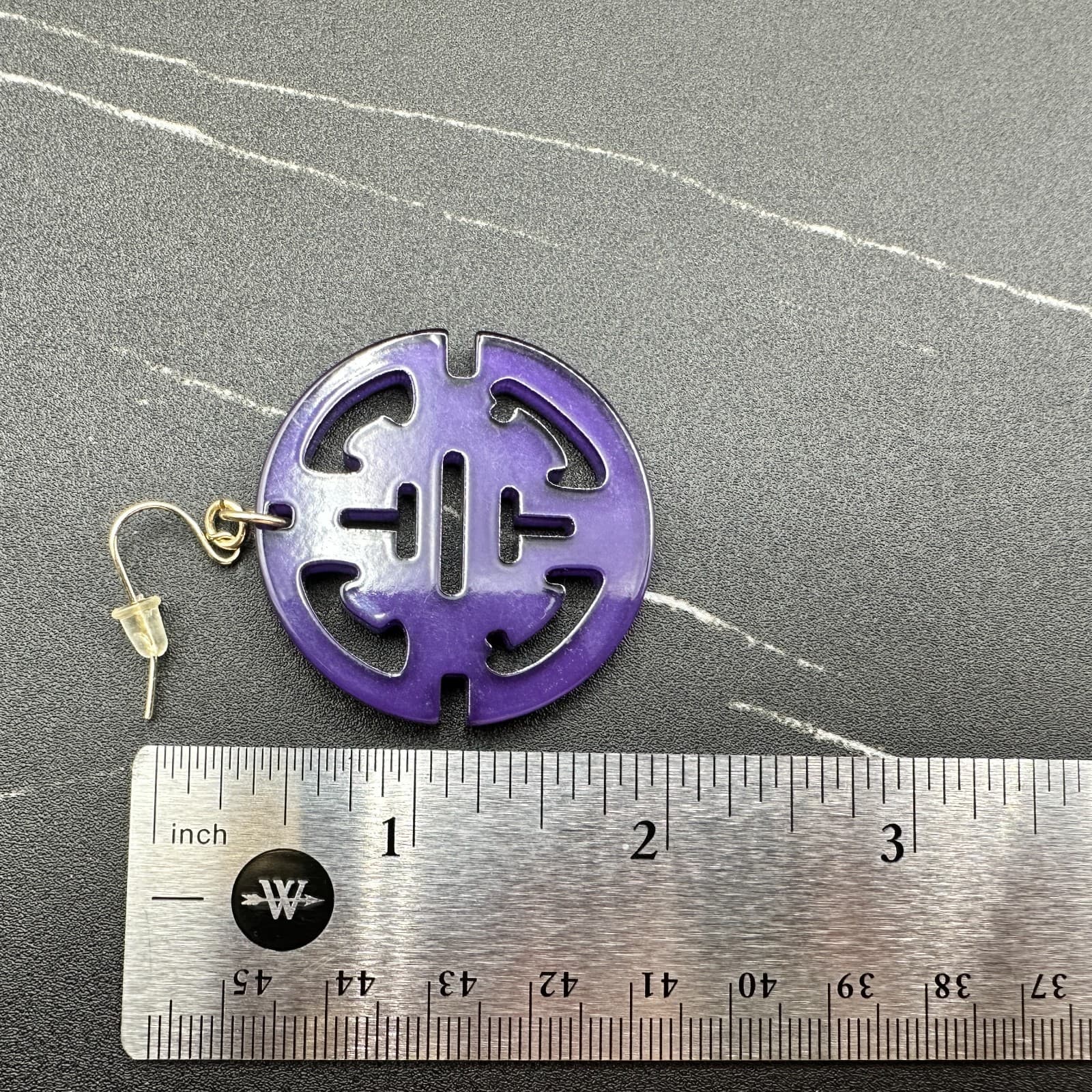 Vintage Lucite Plastic Drop Dangle Earrings Round Chinese Symbol Style Jewelry - Thumbnail 2