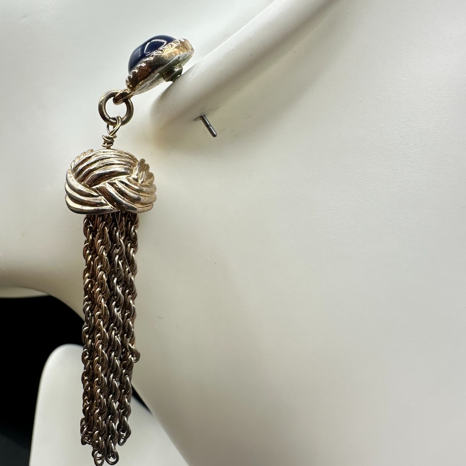 VTG Gold Tone Blue Cabochon Tassel Chain Statement Drop Earrings Retro - Thumbnail 7