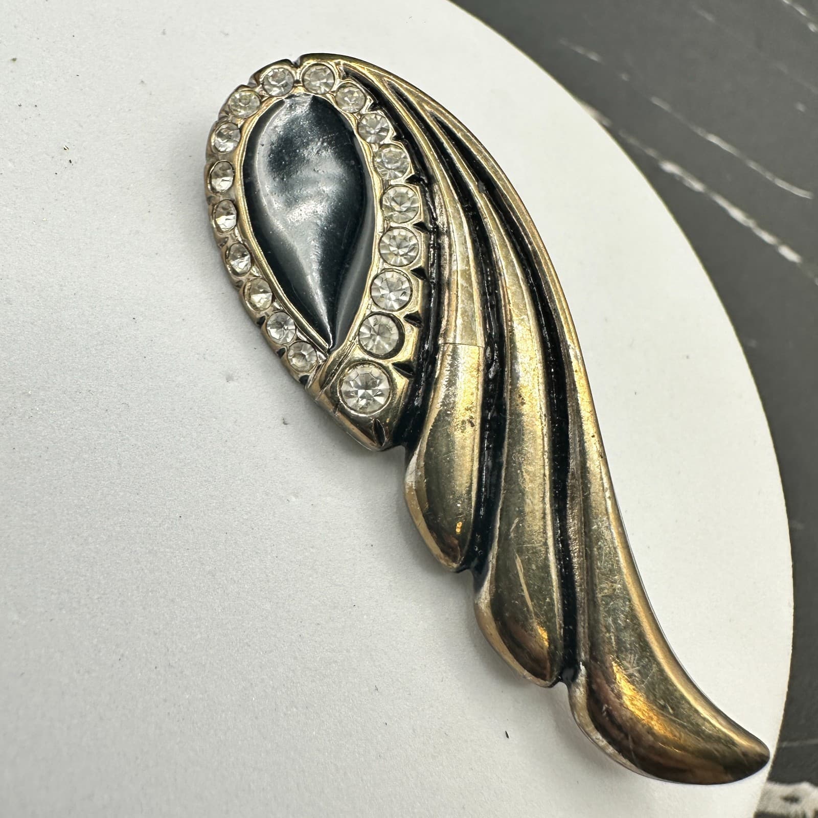 Vintage 80s 90s Art Deco Rhinestone Swirl Brooch Black Enamel Silver Statement - Thumbnail 4
