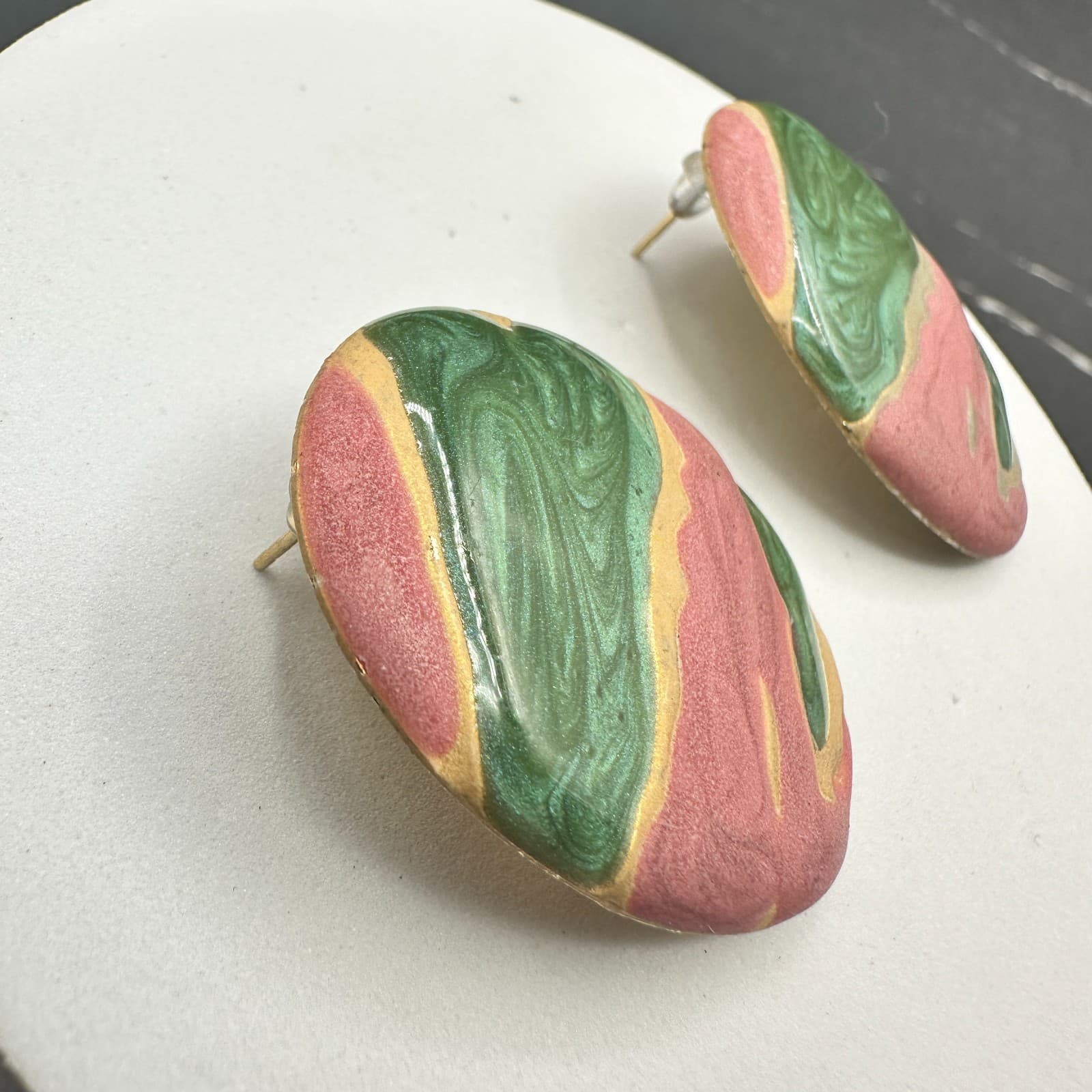Vintage Marbled Oval Earrings Pink Green Gold 80s Artsy Statement - Thumbnail 3