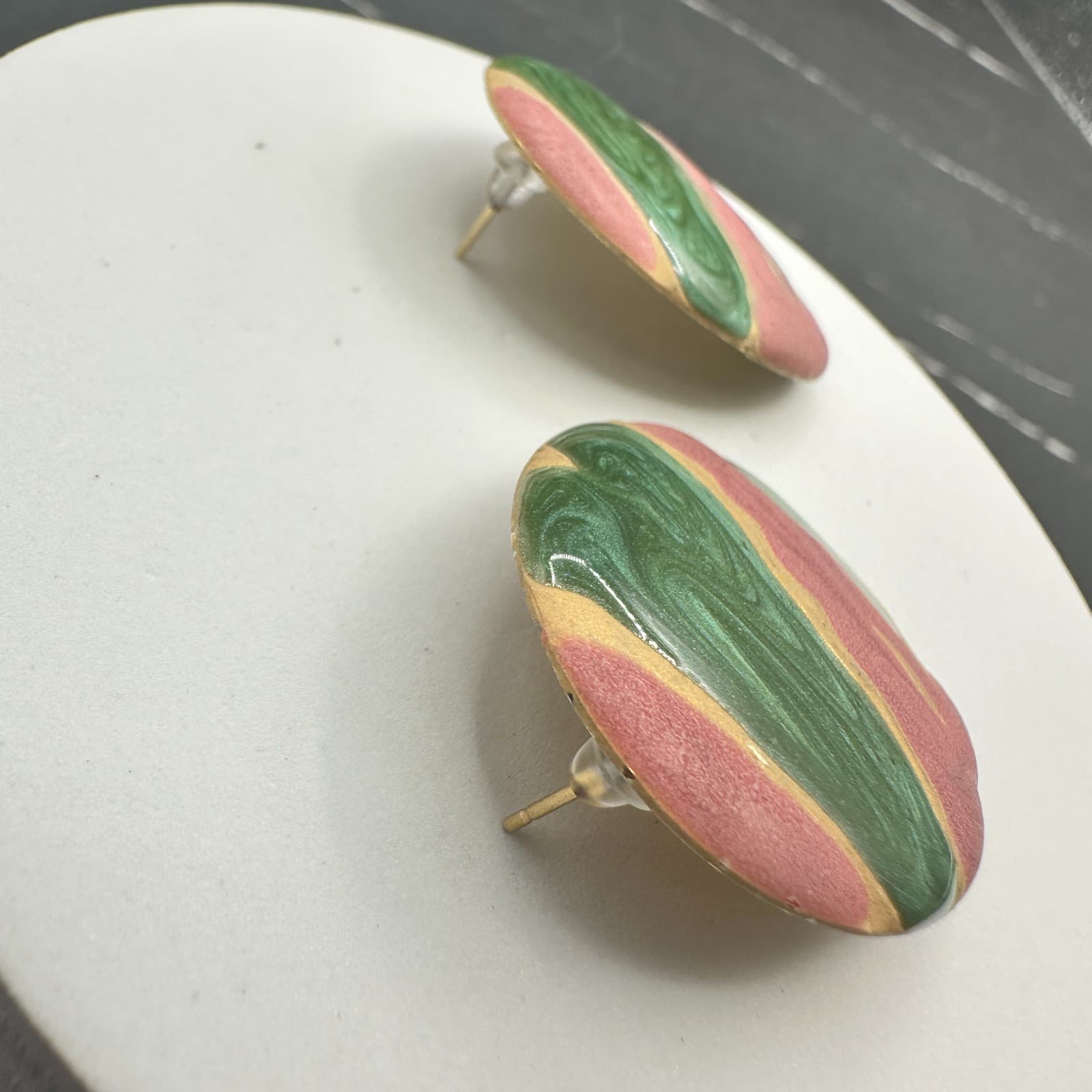 Vintage Marbled Oval Earrings Pink Green Gold 80s Artsy Statement - Thumbnail 4