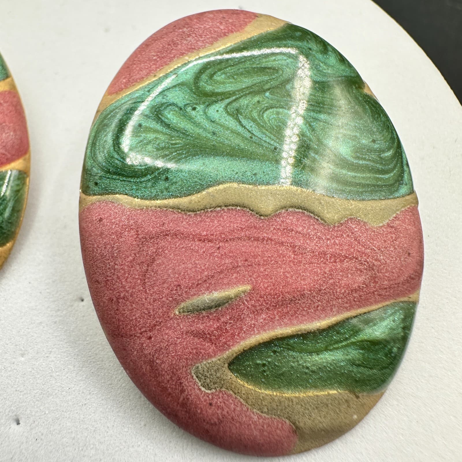 Vintage Marbled Oval Earrings Pink Green Gold 80s Artsy Statement - Thumbnail 5