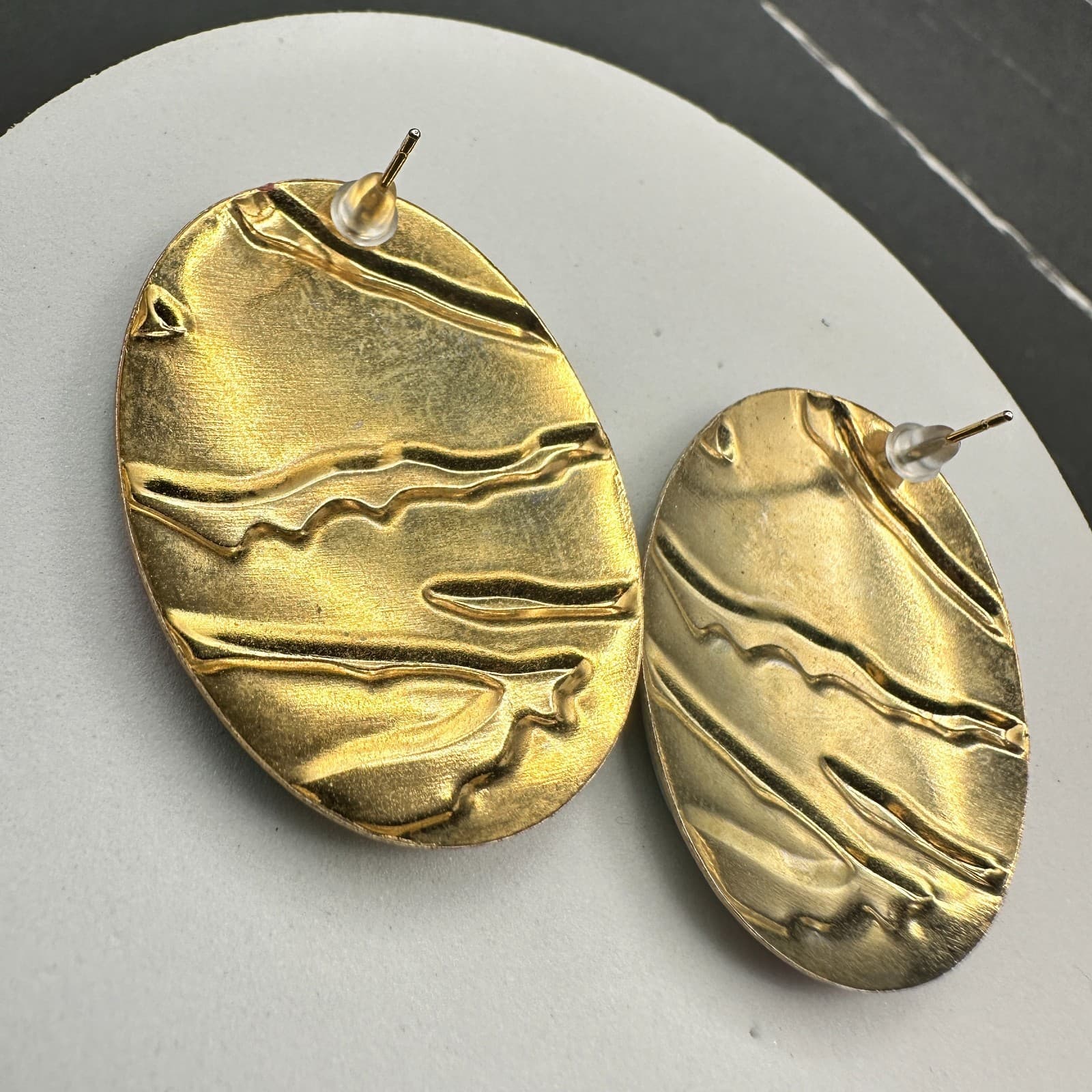 Vintage Marbled Oval Earrings Pink Green Gold 80s Artsy Statement - Thumbnail 6
