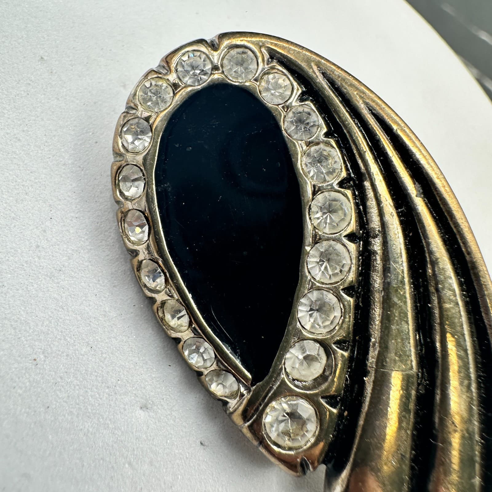 Vintage 80s 90s Art Deco Rhinestone Swirl Brooch Black Enamel Silver Statement - Thumbnail 3