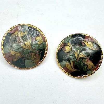 Vintage Marbled Enamel Round Earrings Gold Trim Art Deco Style