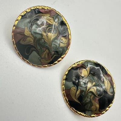 Vintage Marbled Enamel Round Earrings Gold Trim Art Deco Style - Thumbnail 3