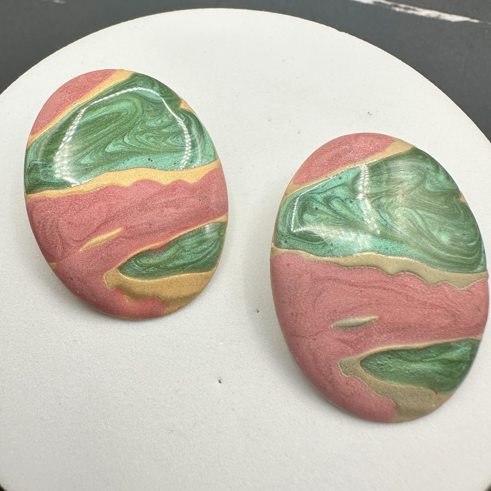 Vintage Marbled Oval Earrings Pink Green Gold 80s Artsy Statement
