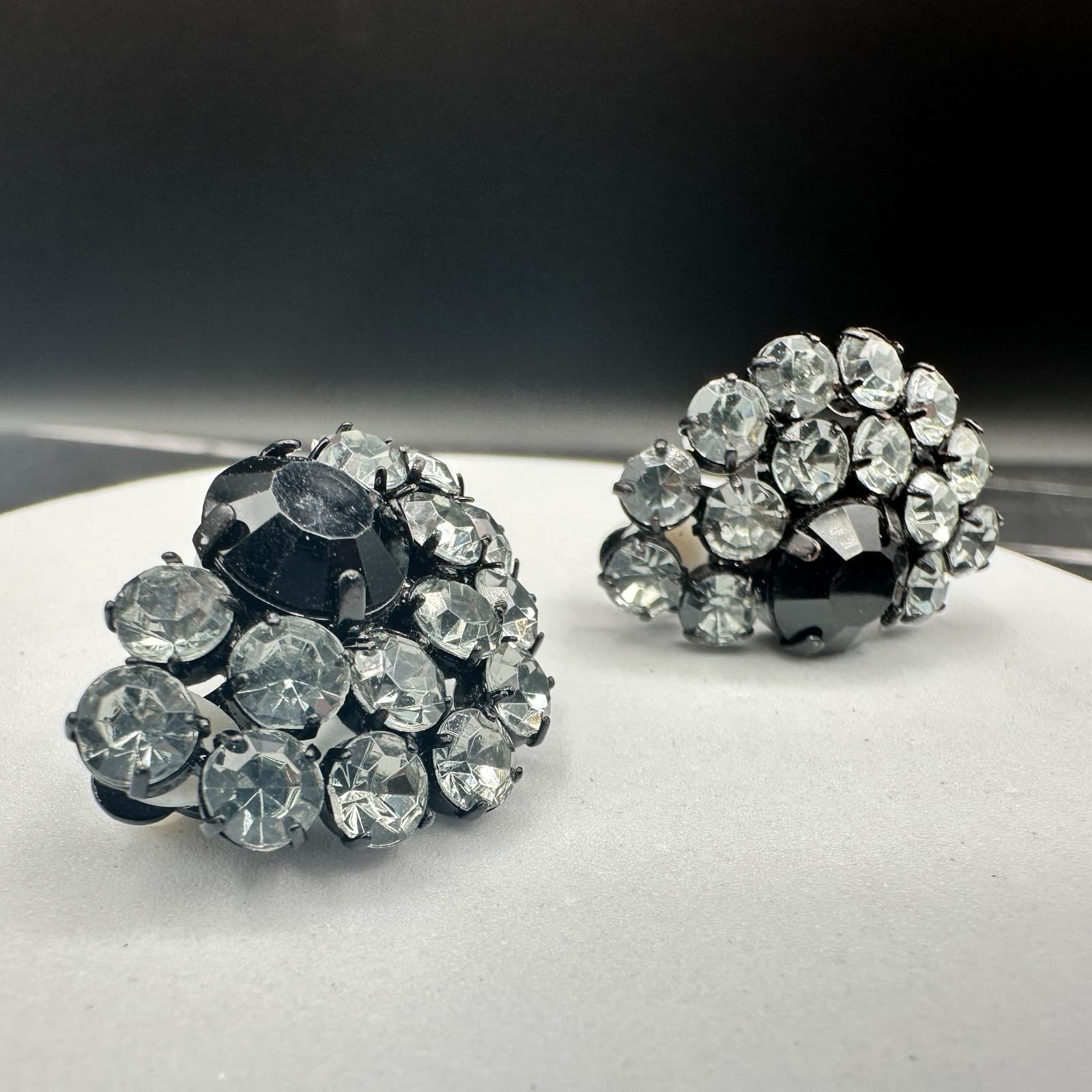 Vintage Black Rhinestone Cluster Earrings Glam Retro Statement - Thumbnail 2