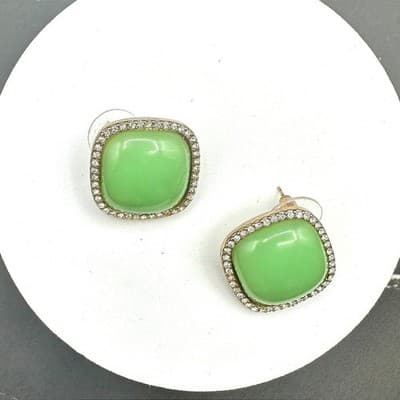 Mint Green Cushion-Cut Earrings w/ Rhinestone Halo Vintage Glam - Thumbnail 2