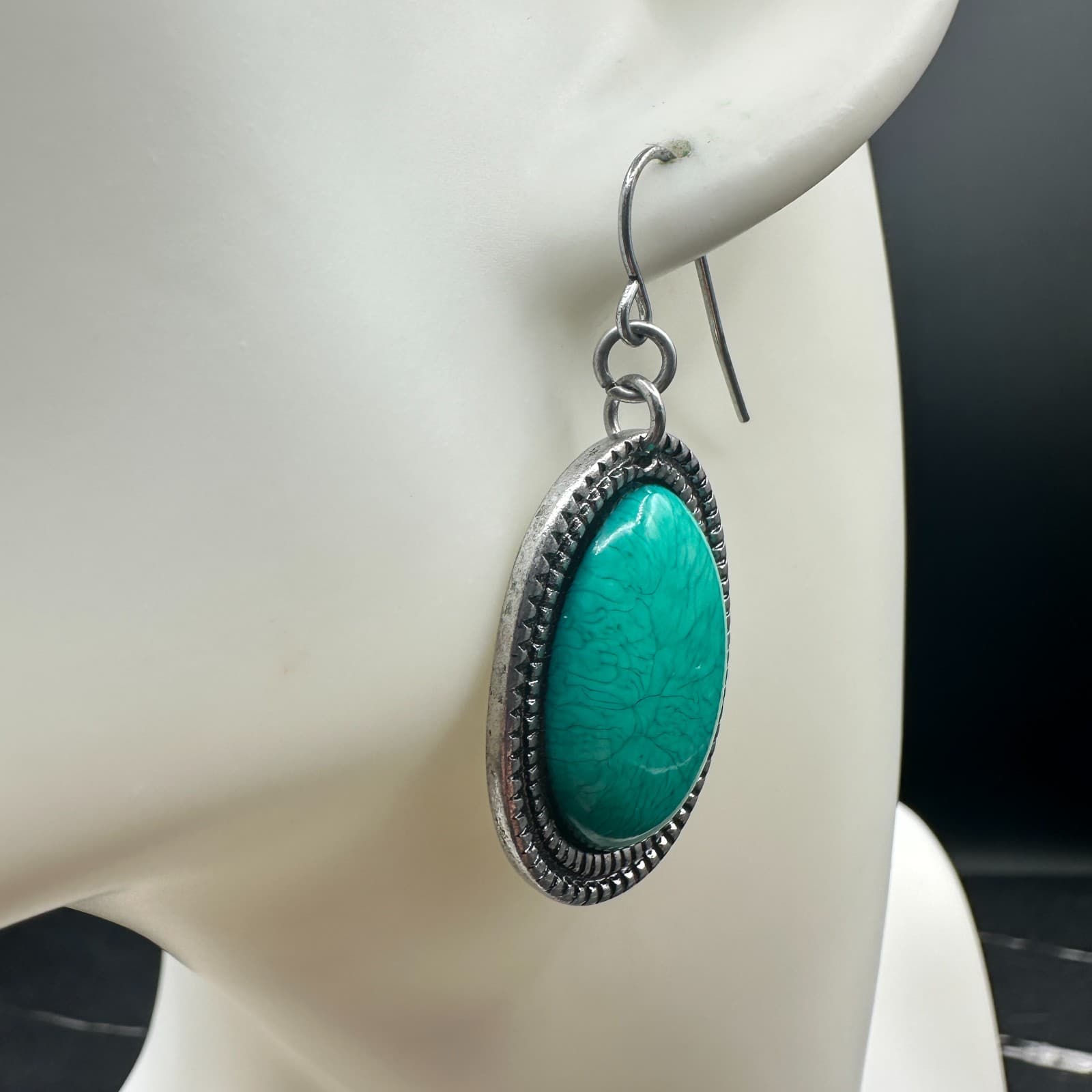 Turquoise Oval Drop Earrings Silver Western Boho Chic - Thumbnail 3