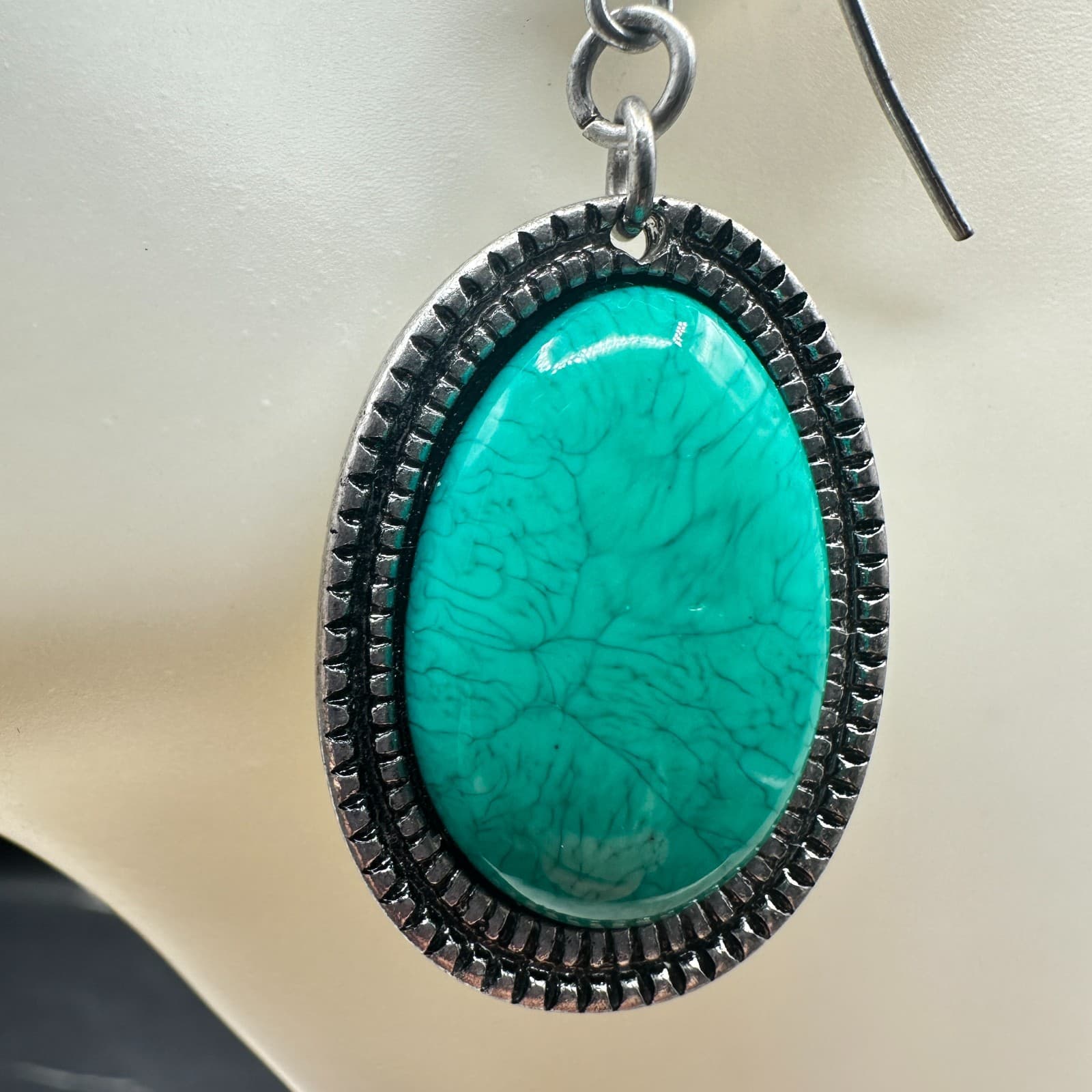 Turquoise Oval Drop Earrings Silver Western Boho Chic - Thumbnail 5