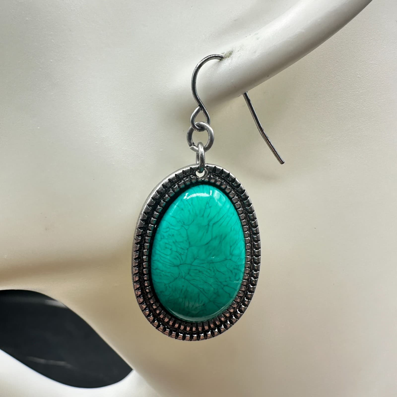 Turquoise Oval Drop Earrings Silver Western Boho Chic - Thumbnail 2