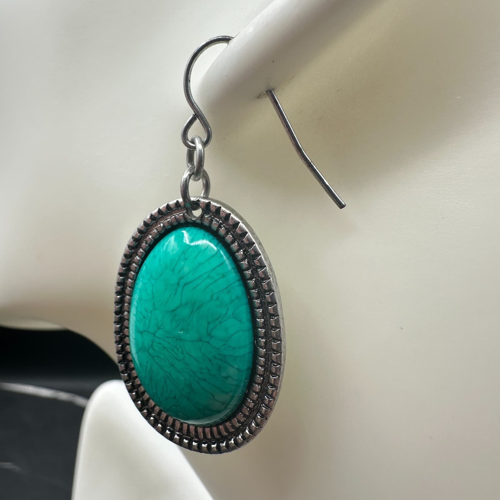 Turquoise Oval Drop Earrings Silver Western Boho Chic - Thumbnail 4