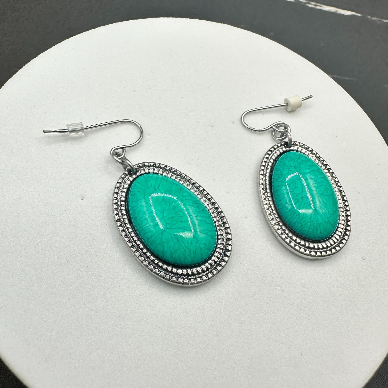 Turquoise Oval Drop Earrings Silver Western Boho Chic - Thumbnail 6