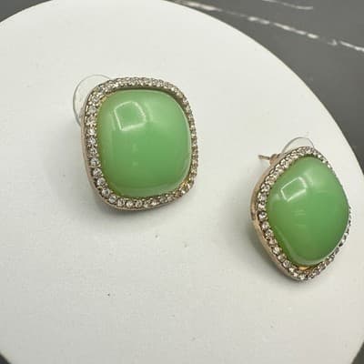 Mint Green Cushion-Cut Earrings w/ Rhinestone Halo Vintage Glam - Thumbnail 3