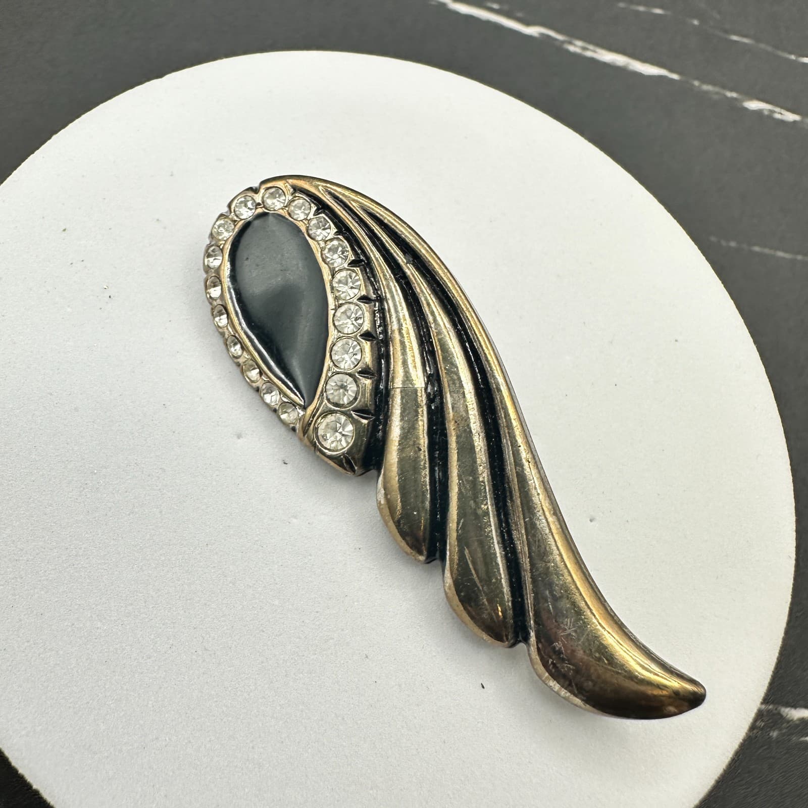 Vintage 80s 90s Art Deco Rhinestone Swirl Brooch Black Enamel Silver Statement - Thumbnail 2