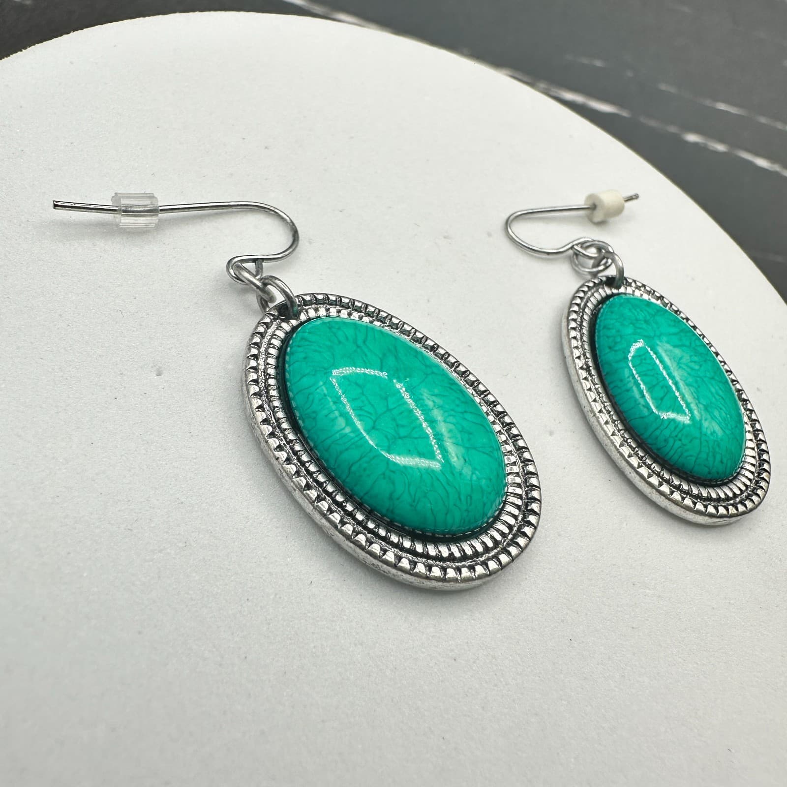 Turquoise Oval Drop Earrings Silver Western Boho Chic - Thumbnail 7