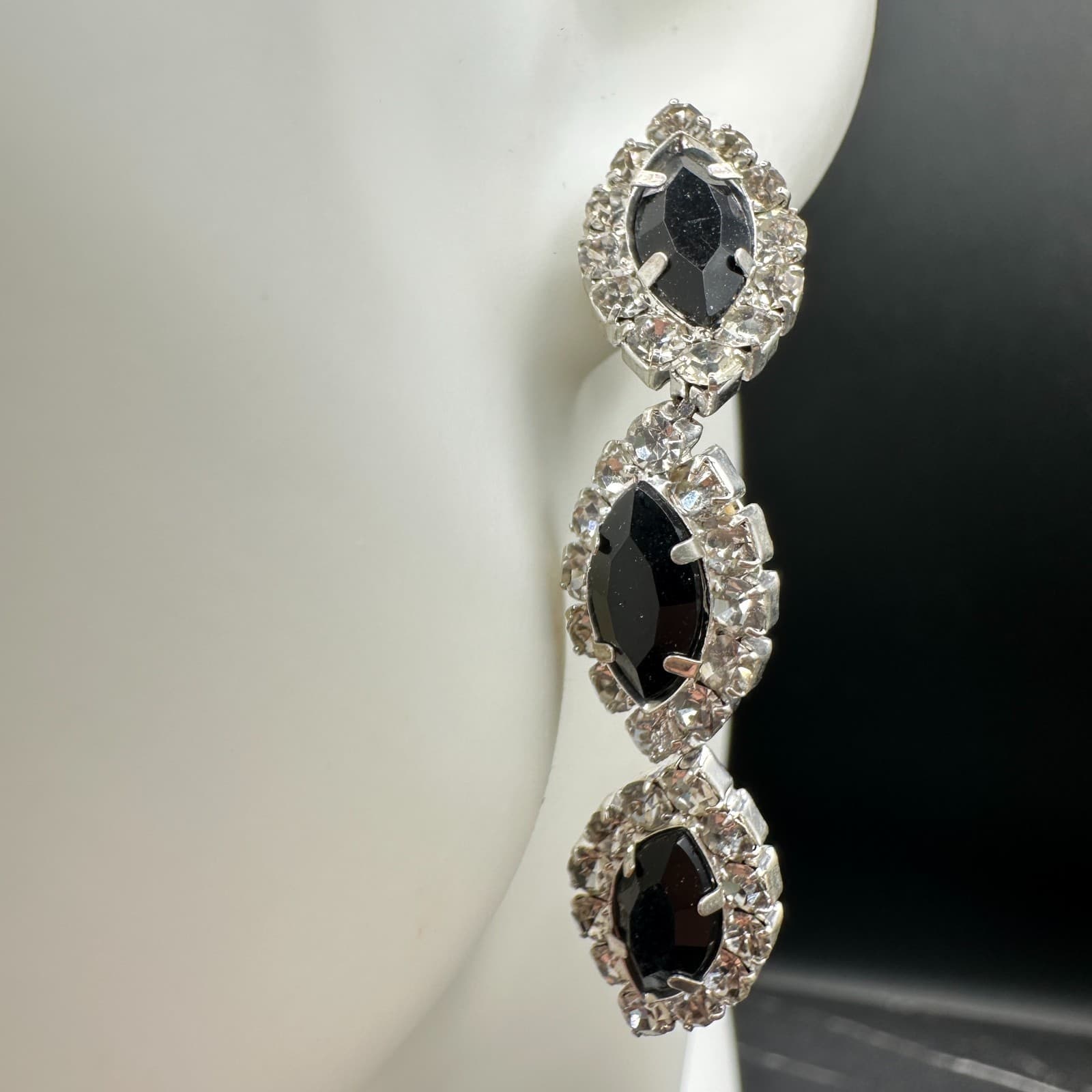VTG Black Rhinestone Triple Drop Statement Earrings Women Silver Tone Jewelry - Thumbnail 6