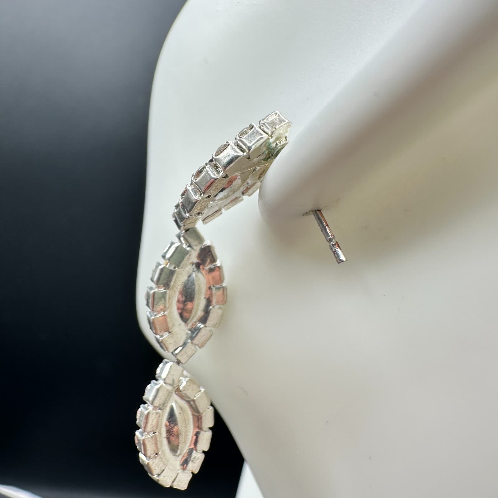 VTG Black Rhinestone Triple Drop Statement Earrings Women Silver Tone Jewelry - Thumbnail 5
