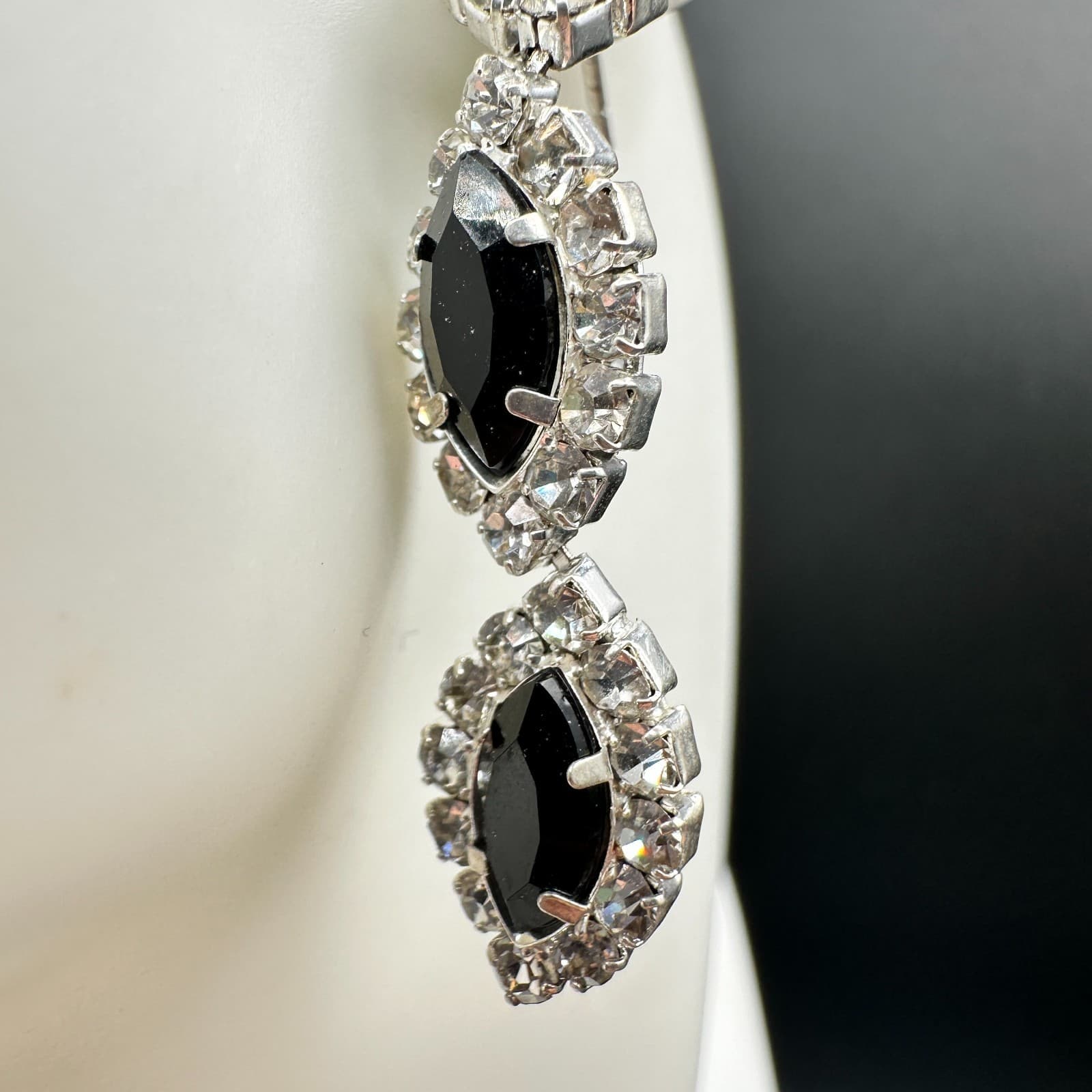 VTG Black Rhinestone Triple Drop Statement Earrings Women Silver Tone Jewelry - Thumbnail 7