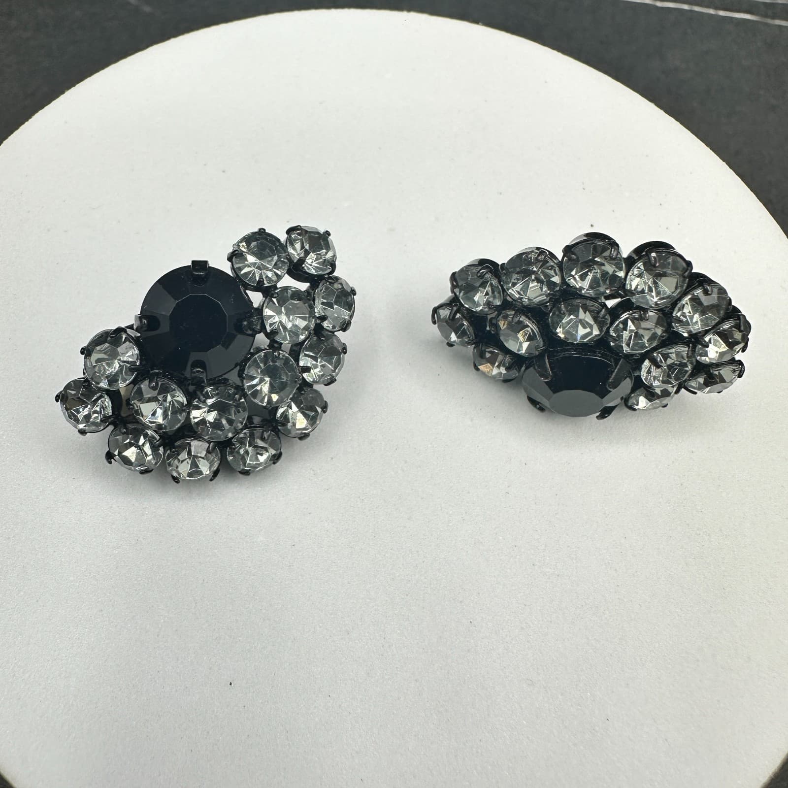 Vintage Black Rhinestone Cluster Earrings Glam Retro Statement