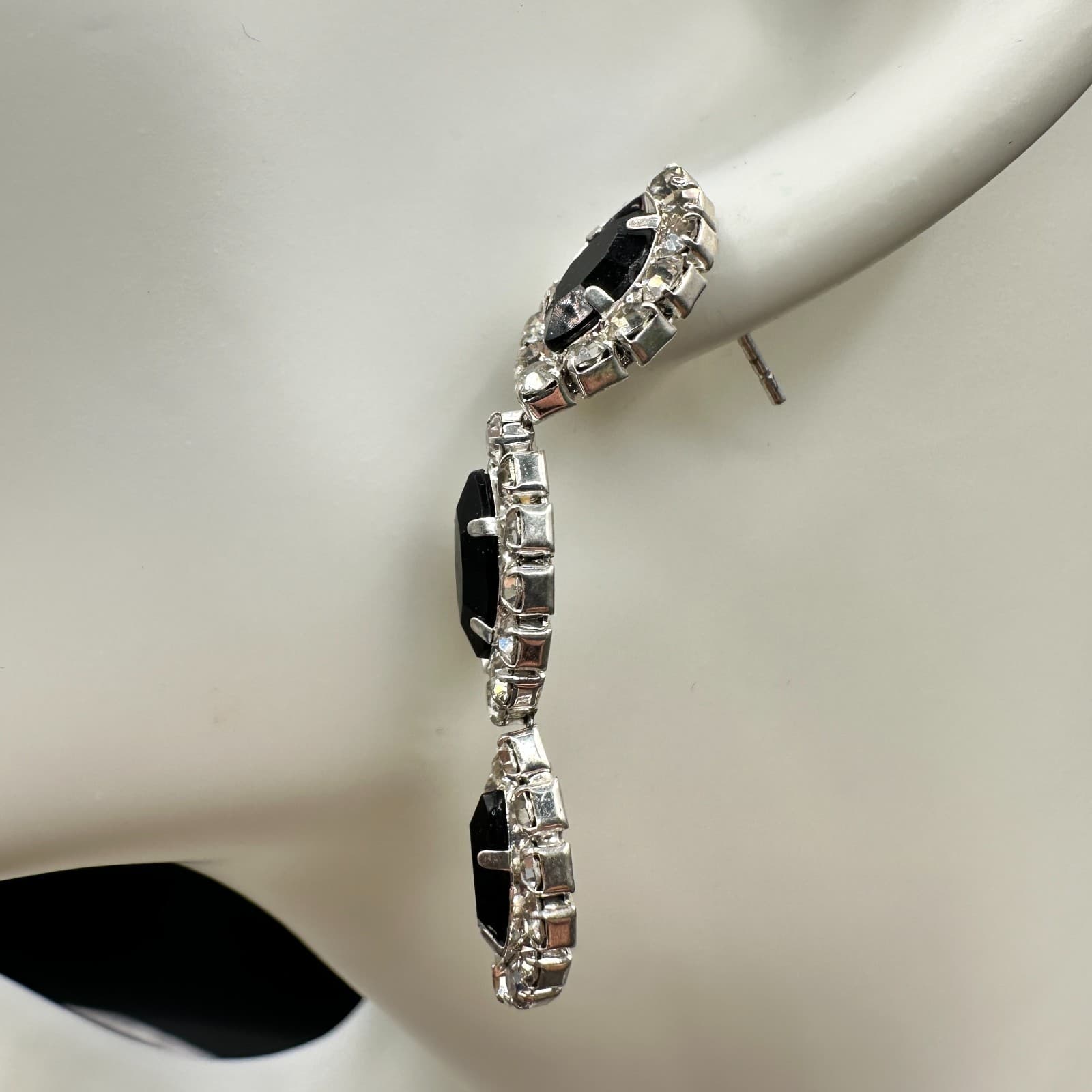 VTG Black Rhinestone Triple Drop Statement Earrings Women Silver Tone Jewelry - Thumbnail 3