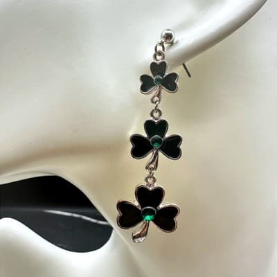 Shamrock Dangle Earrings Green Enamel St. Patrick's Day Lucky Irish - Thumbnail 2