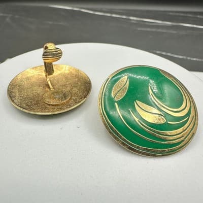 Vintage Green Enamel Round Earrings Gold Leaf Art Deco Style - Thumbnail 6