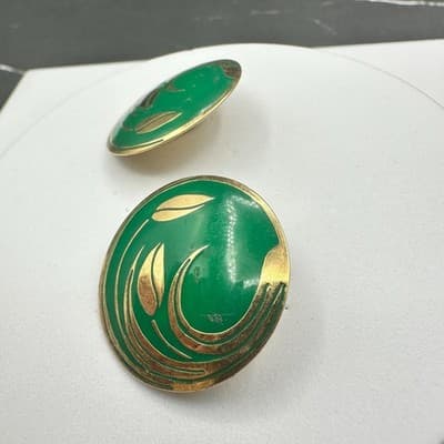 Vintage Green Enamel Round Earrings Gold Leaf Art Deco Style - Thumbnail 3