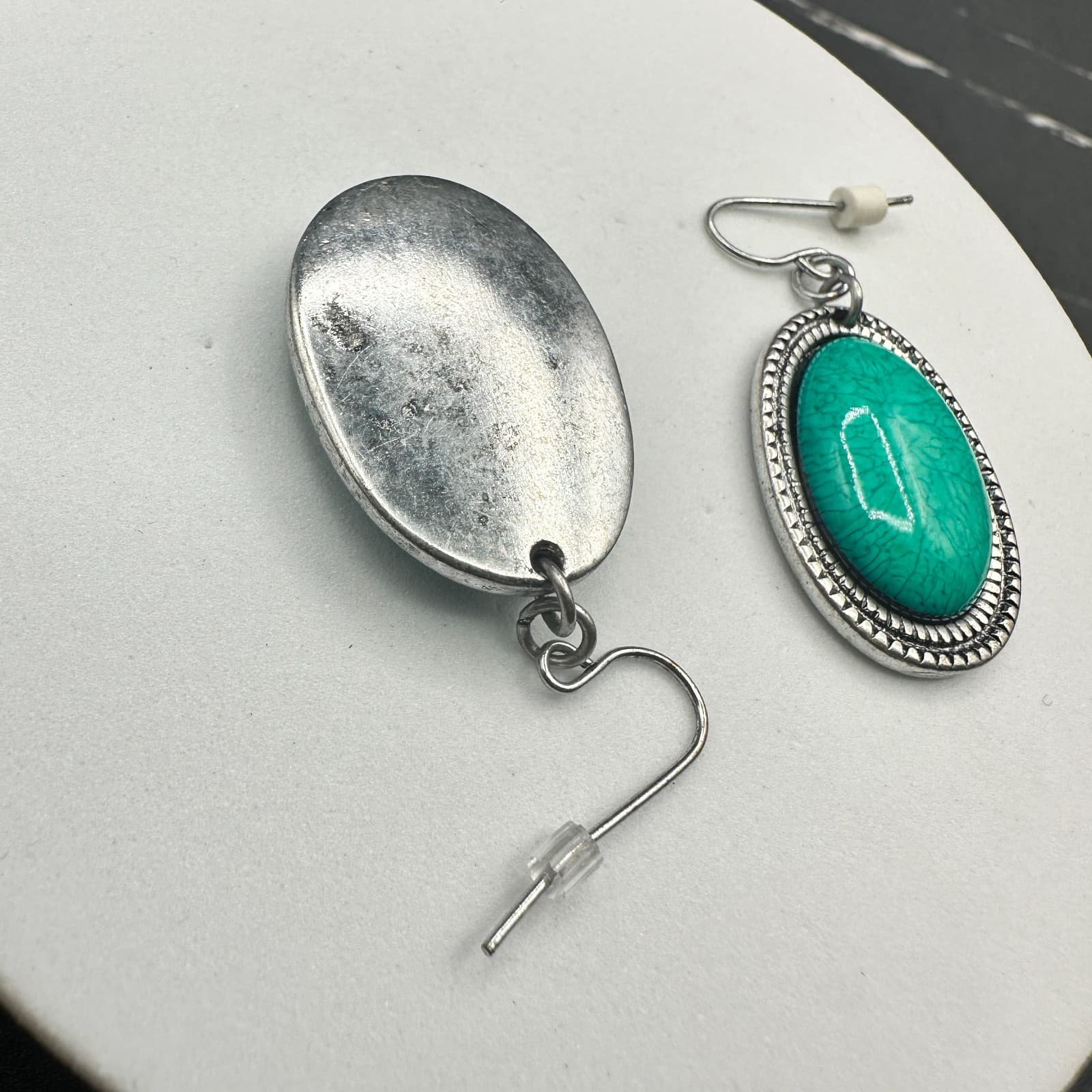 Turquoise Oval Drop Earrings Silver Western Boho Chic - Thumbnail 8