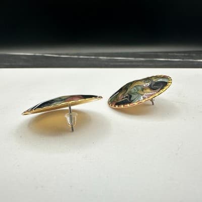 Vintage Marbled Enamel Round Earrings Gold Trim Art Deco Style - Thumbnail 5