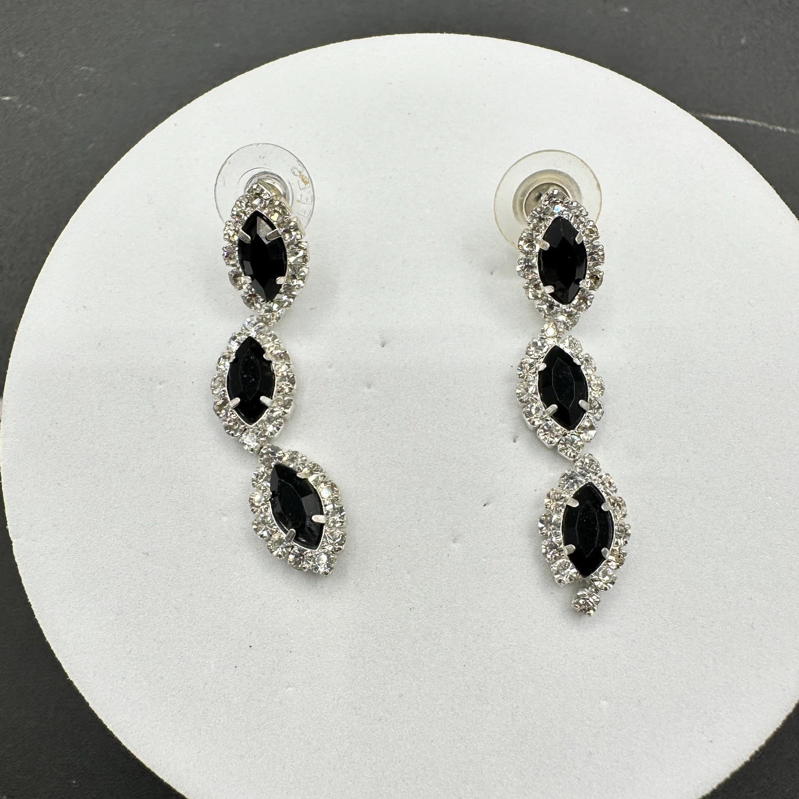 VTG Black Rhinestone Triple Drop Statement Earrings Women Silver Tone Jewelry - Thumbnail 8