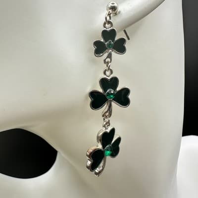 Shamrock Dangle Earrings Green Enamel St. Patrick's Day Lucky Irish - Thumbnail 6