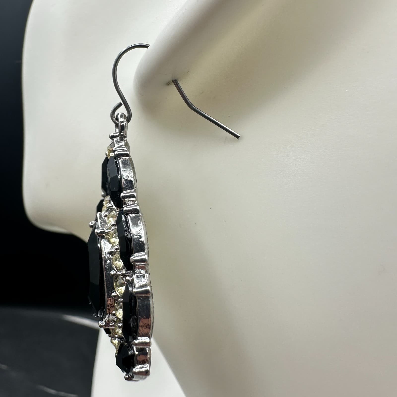 Black Teardrop Rhinestone Chandelier Earrings Silver Tone Glam Y2K - Thumbnail 6