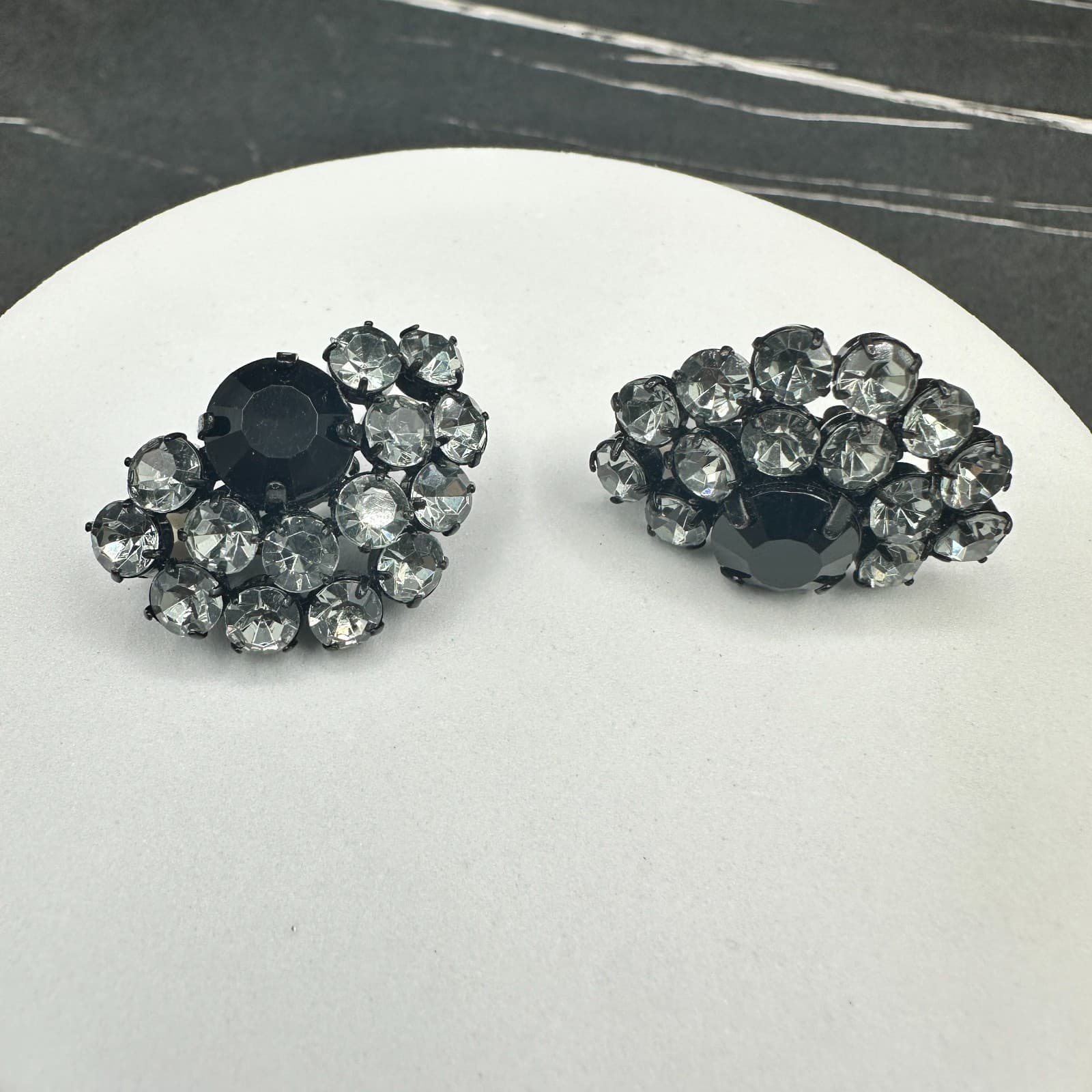 Vintage Black Rhinestone Cluster Earrings Glam Retro Statement - Thumbnail 3