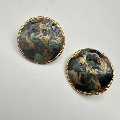 Vintage Marbled Enamel Round Earrings Gold Trim Art Deco Style - Thumbnail 2