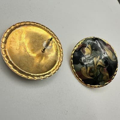 Vintage Marbled Enamel Round Earrings Gold Trim Art Deco Style - Thumbnail 6
