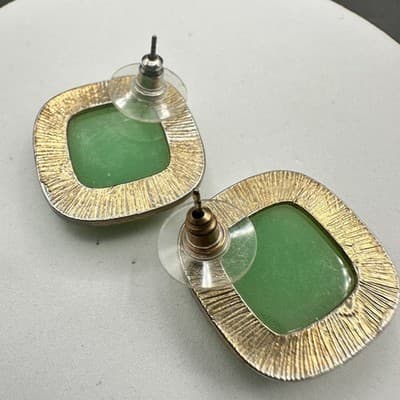 Mint Green Cushion-Cut Earrings w/ Rhinestone Halo Vintage Glam - Thumbnail 7