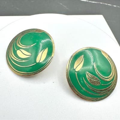 Vintage Green Enamel Round Earrings Gold Leaf Art Deco Style
