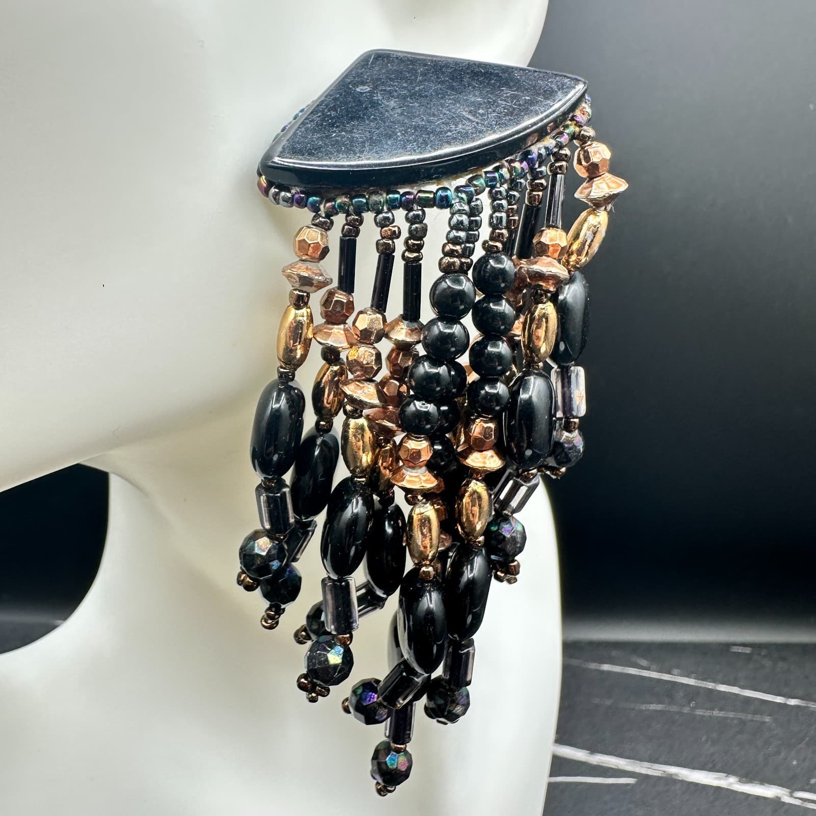 Black & Bronze Multi-Strand Beaded Waterfall Statement Earrings Bold Boho