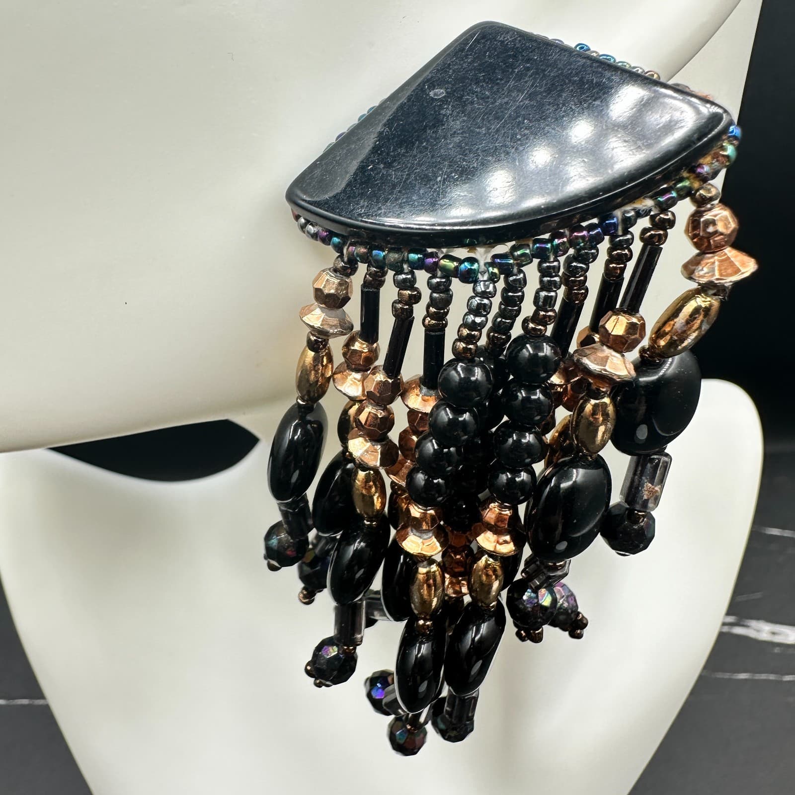 Black & Bronze Multi-Strand Beaded Waterfall Statement Earrings Bold Boho - Thumbnail 3