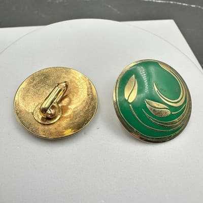 Vintage Green Enamel Round Earrings Gold Leaf Art Deco Style - Thumbnail 7